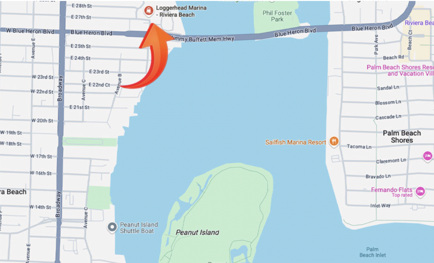 Map of Loggerhead Marina in Riviera Beach showing Peanut Island and the Palm Beach Inlet to the ocean